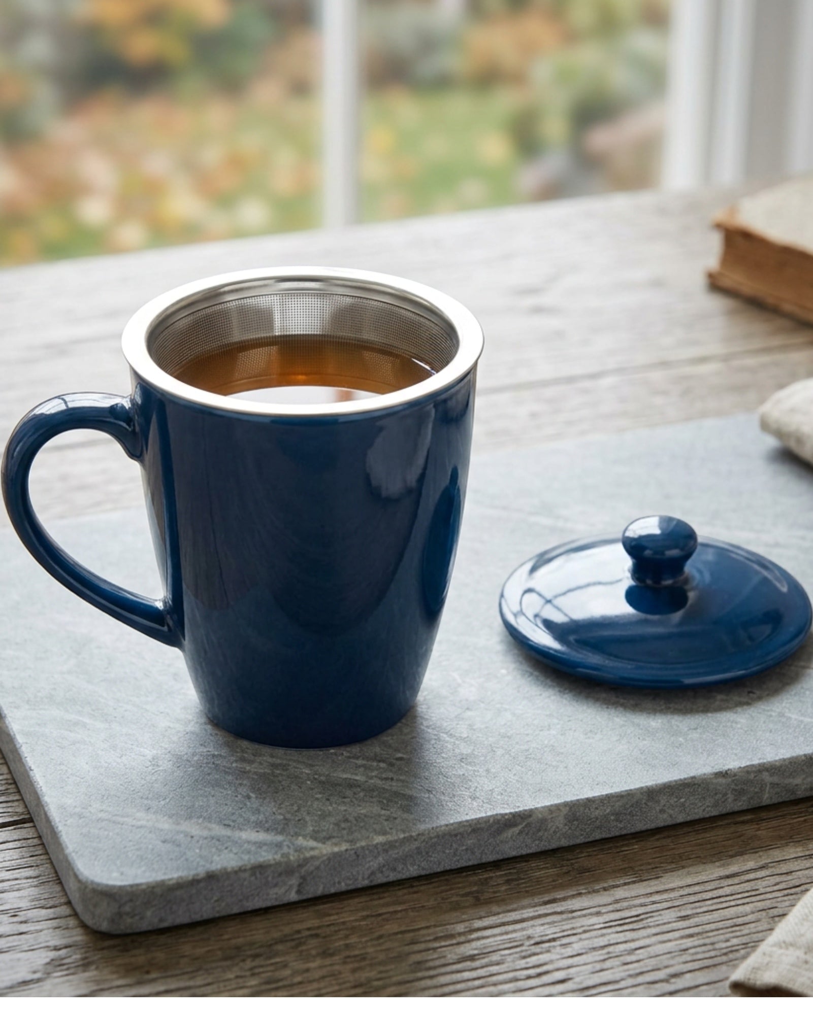 Zgmdw Cobaltide Ceramic Tea Cup with Basket Infuser and Lid 15 oz Ink Blue - Lifestyle view