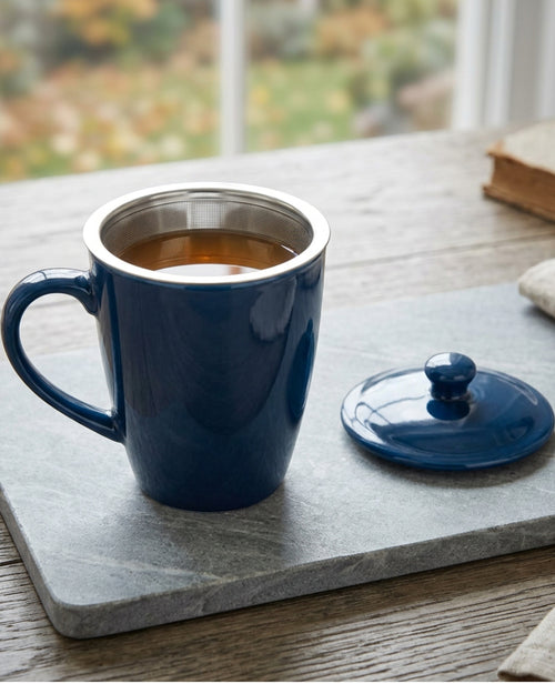 Zgmdw Cobaltide Ceramic Tea Cup with Basket Infuser and Lid 15 oz Ink Blue - Lifestyle view