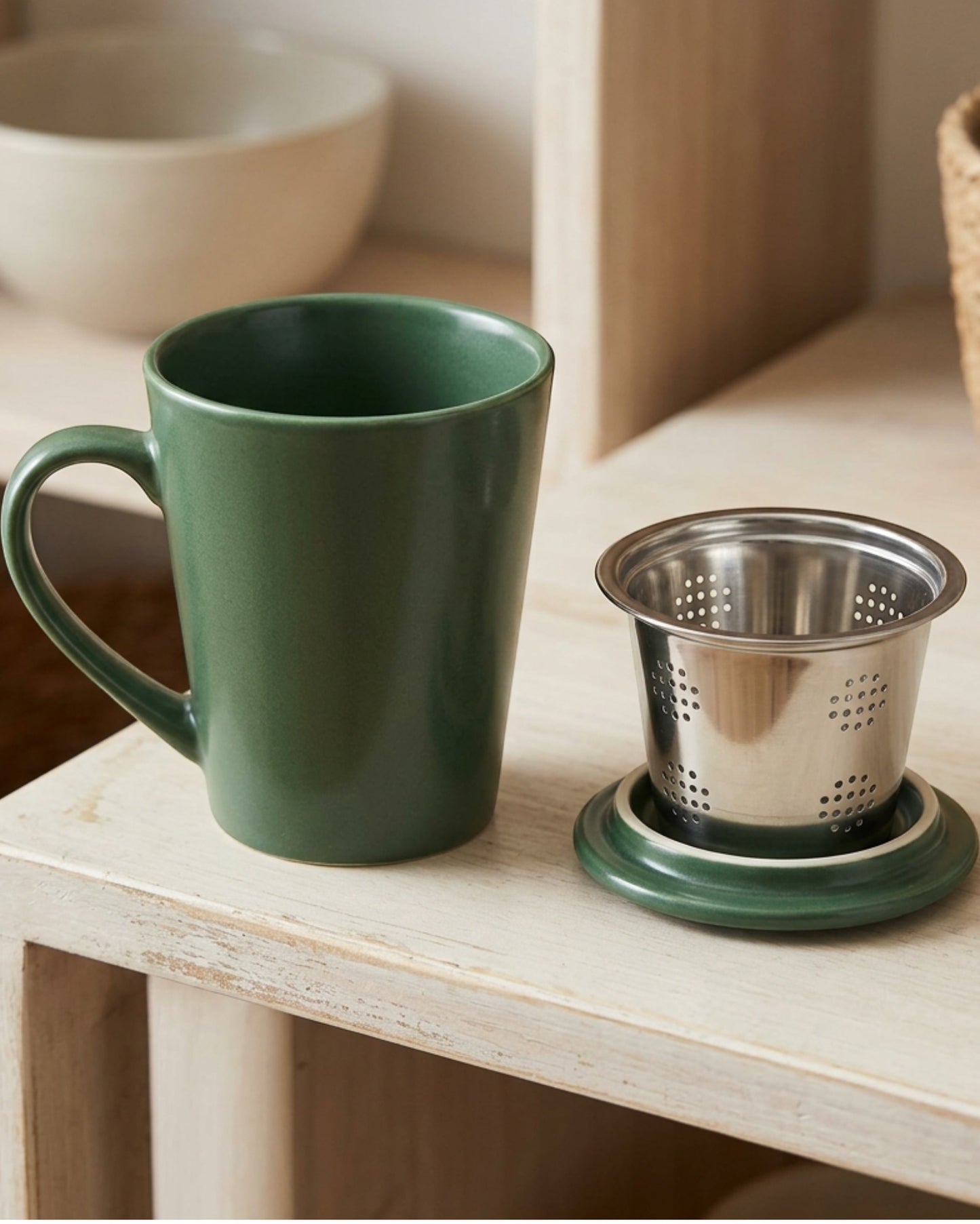 Zgmdw Flared Ceramic Tea Mug with Round-Hole Infuser and Lid 15 oz Forest Cream - Lifestyle view