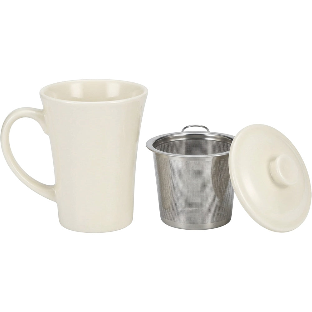Zgmdw Flared Ceramic Tea Mug with Round-Hole Infuser and Lid 15 oz Forest Cream - Product view