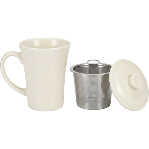 Zgmdw Flared Ceramic Tea Mug with Round-Hole Infuser and Lid 15 oz Forest Cream - Product view