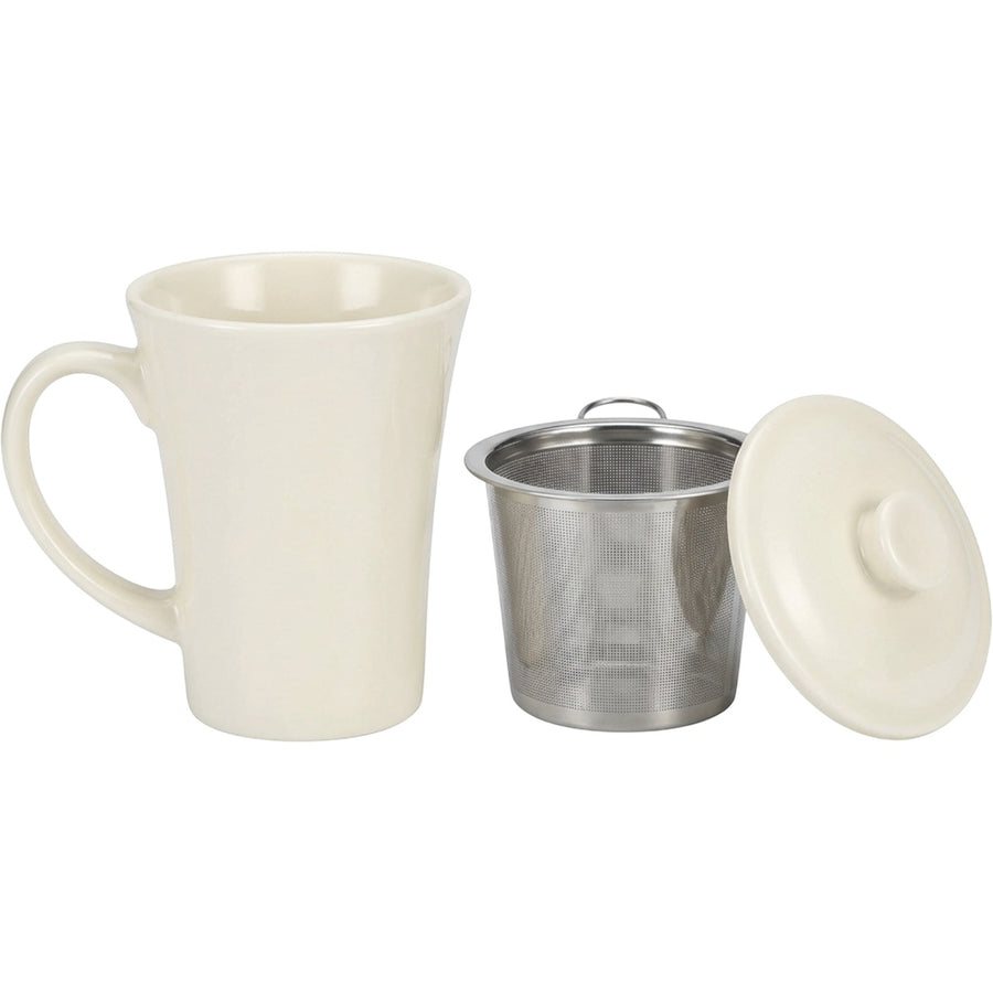 Zgmdw Flared Ceramic Tea Mug with Round-Hole Infuser and Lid 15 oz Forest Cream