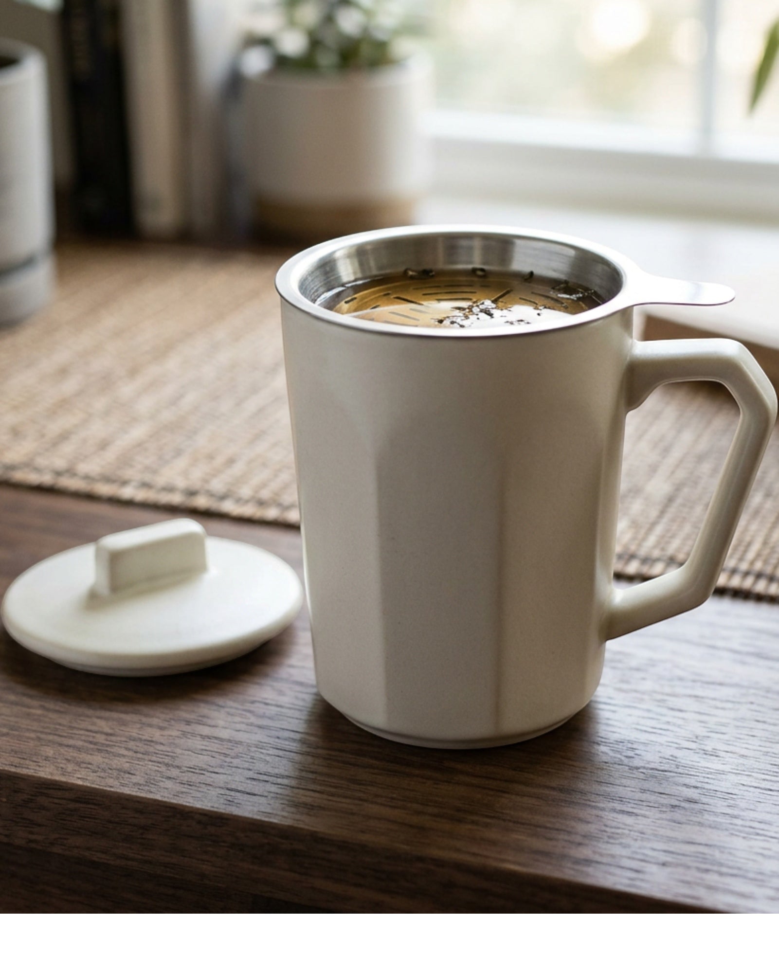 Zgmdw Hearthfold Ceramic Tea Mug with Infuser and Lid 12 oz Warm White - Lifestyle view
