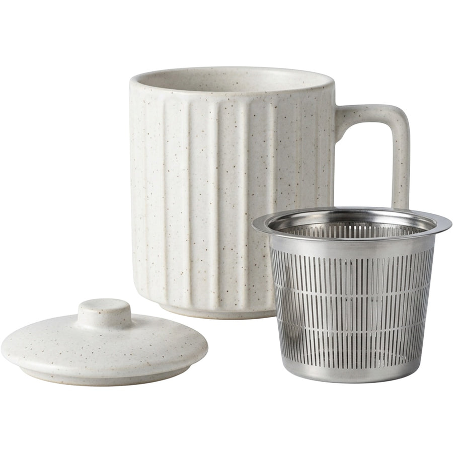 Zgmdw Ribbed Cylinder Ceramic Tea Cup with Slot Infuser and Lid 13 oz Clay Oat