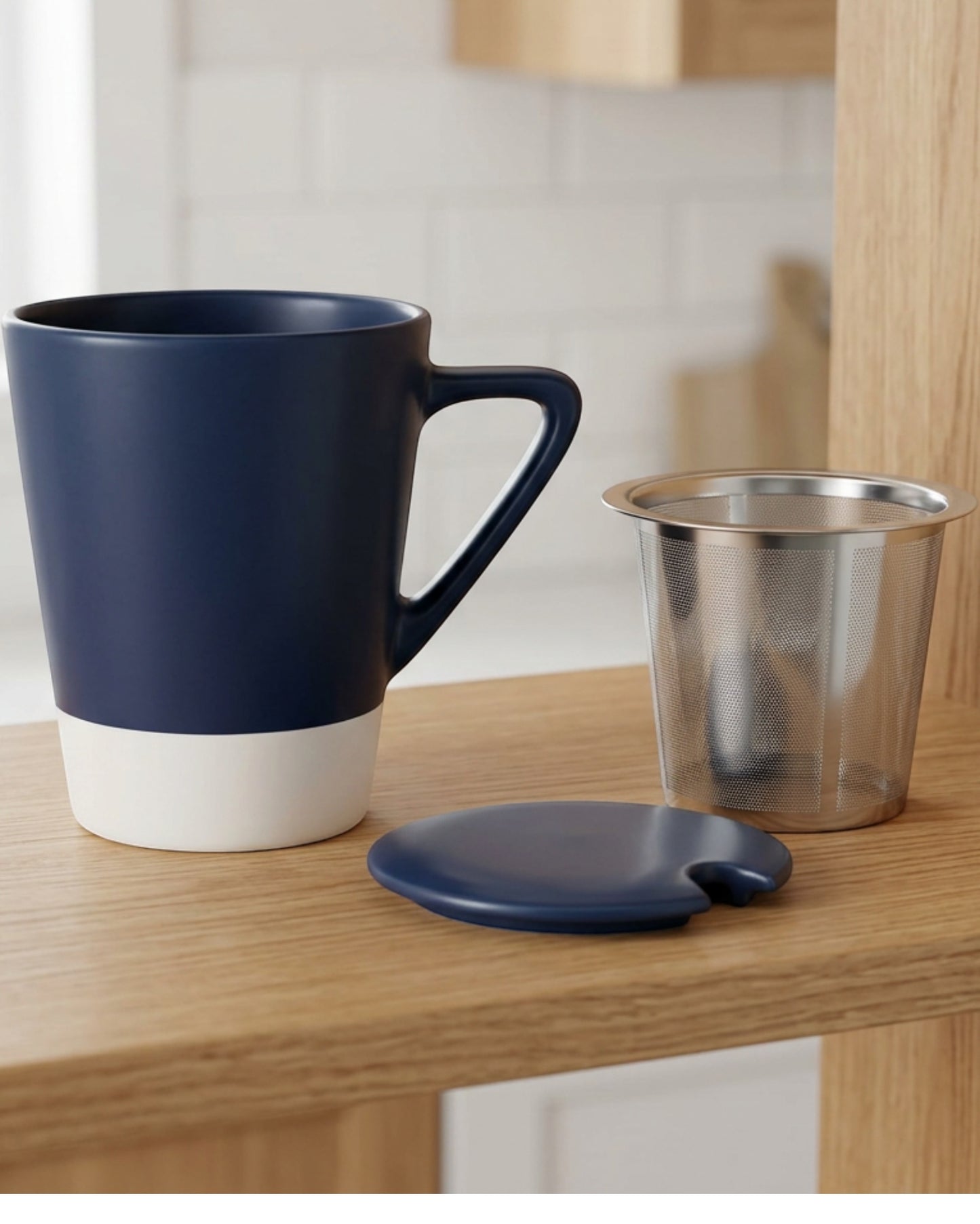 Zgmdw Tapered Ceramic Tea Cup with Mesh-Panel Infuser and Lid 11 oz Navy White - Lifestyle view