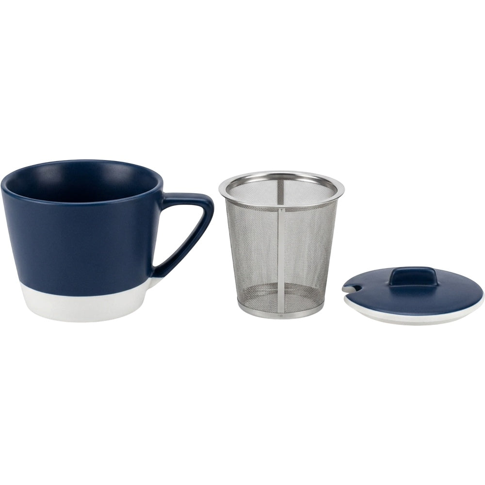 Zgmdw Tapered Ceramic Tea Cup with Mesh-Panel Infuser and Lid 11 oz Navy White - Product view