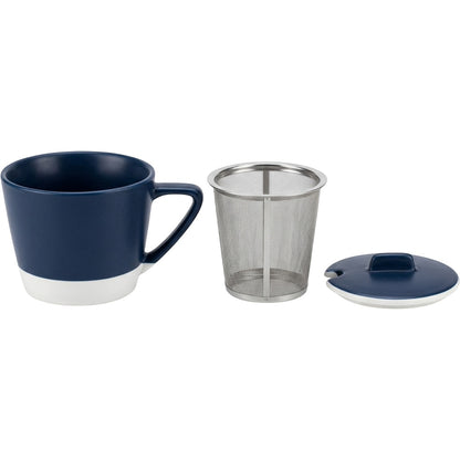 Zgmdw Tapered Ceramic Tea Cup with Mesh-Panel Infuser and Lid 11 oz Navy White - Product view